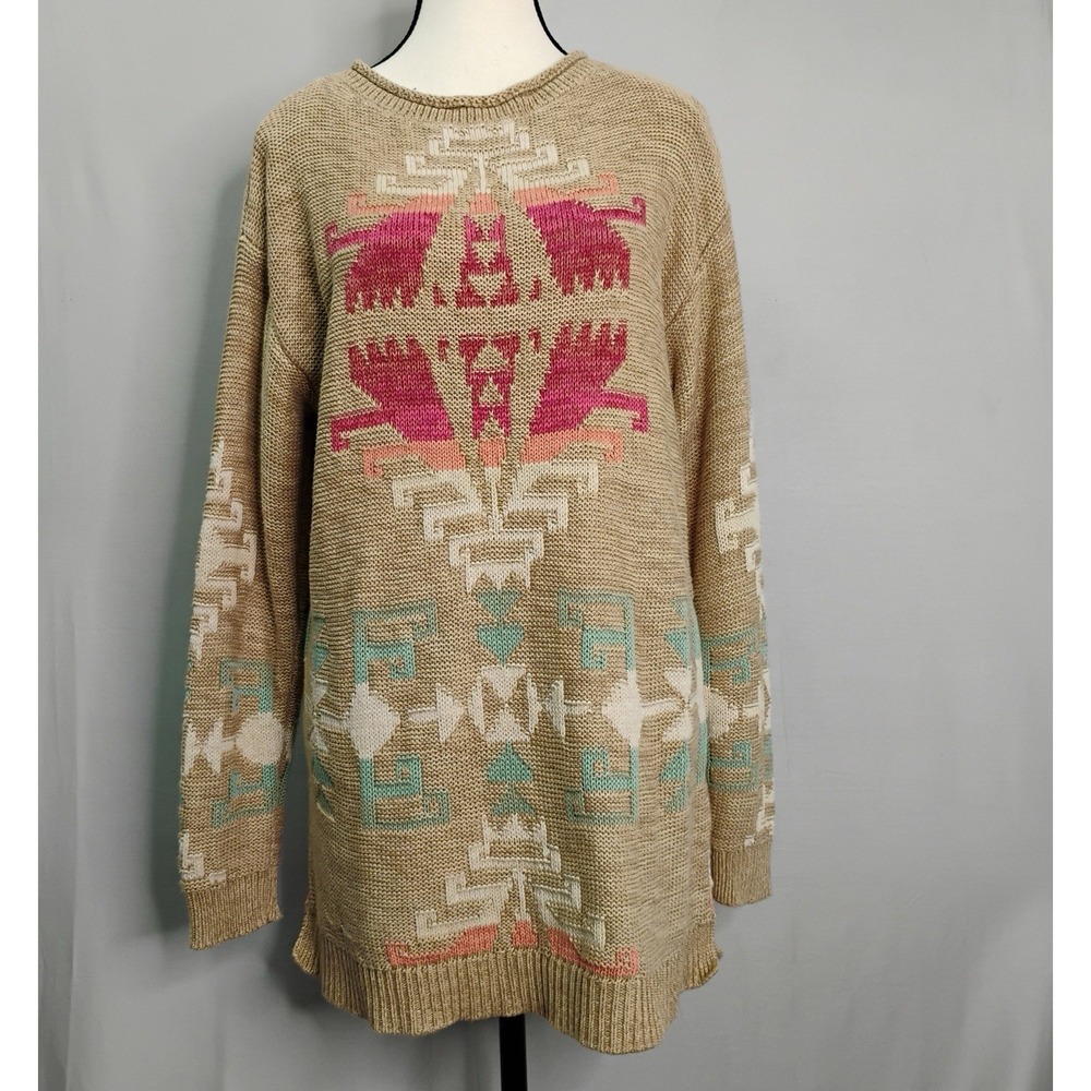 RALPH LAUREN‎ Tan Roll Neck Southwestern Geometric Linen Cotton Tunic Sweater L
